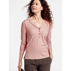 Athleta Uptempo Ribbed Henley Top Womens 2X Pink V Neck Athleisure Lounge